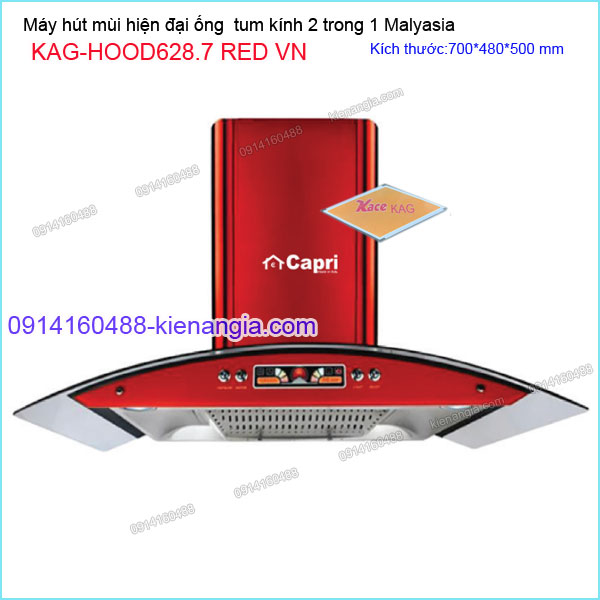 Máy hút mùi kính cong 70cm màu đỏ CAPRI KAG-HOOD628.7 RED VN