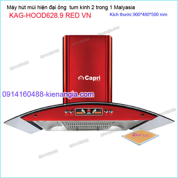 Máy hút mùi kính cong màu đỏ  90cm CAPRI KAG-HOOD628.9 RED VN