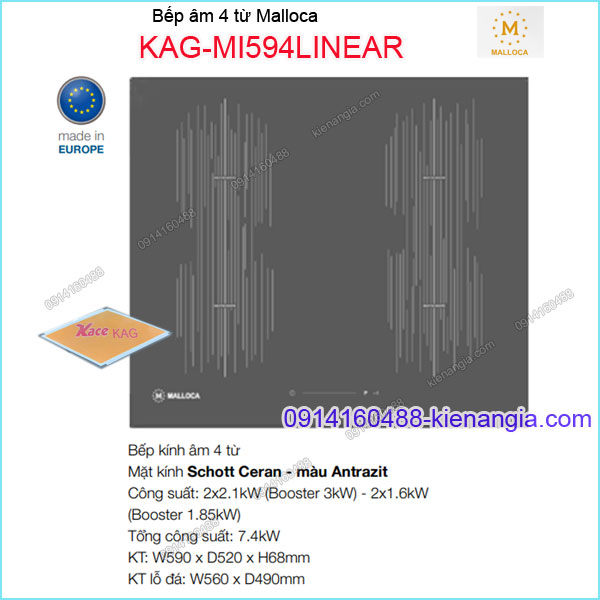 Bếp âm kính điện từ bếp từ Malloca KAG-MI594LINEAR