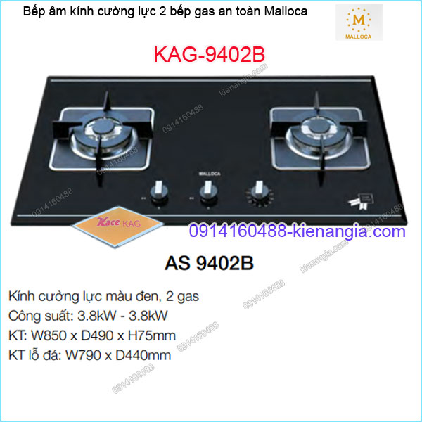 Bếp 2 gas âm kính cường lực an toàn Malloca KAG-9402B