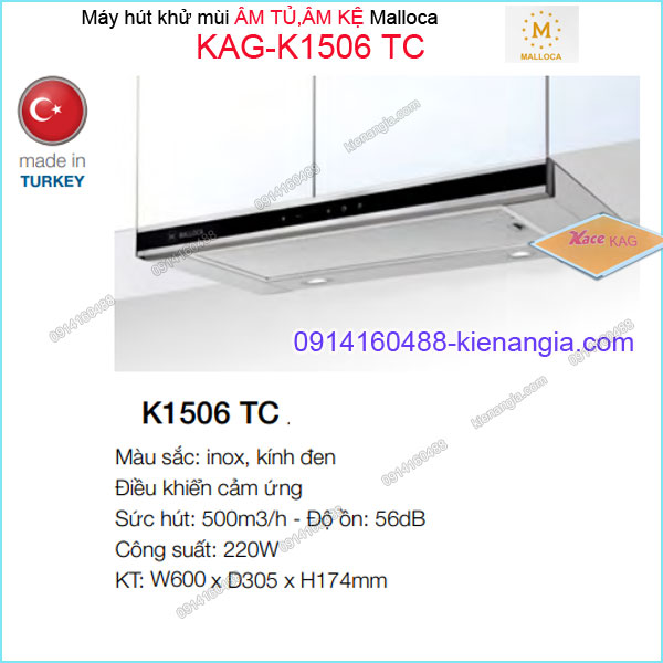 Máy hút khử mùi ÂM TỦ KỆ 600mm CẢM ỨNG Malloca KAG-K1506TC
