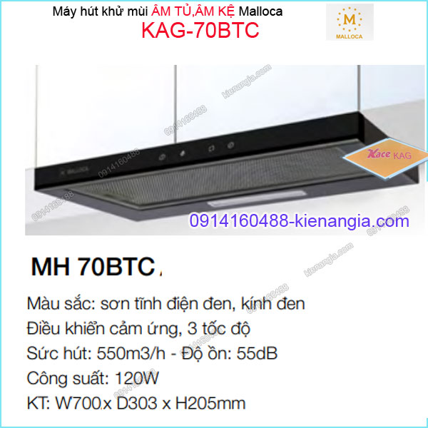 Máy hút khử mùi ĐEN ÂM TỦ KỆ 700mm Malloca KAG-70BTC