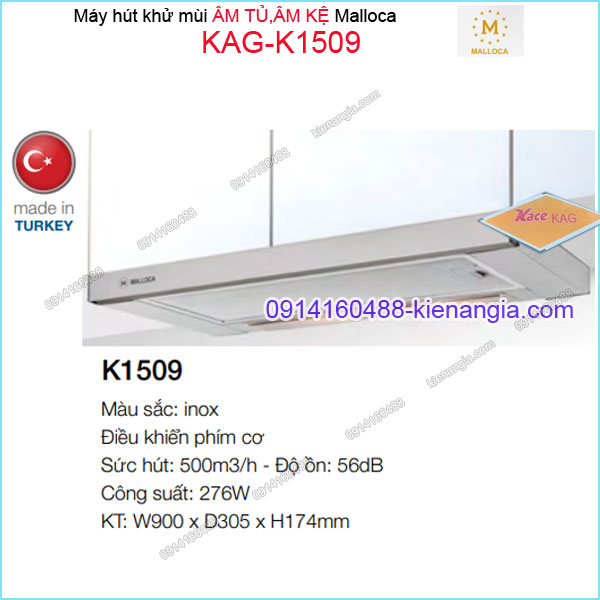 Máy hút khử mùi ÂM TỦ KỆ 900mm INOX Malloca KAG-K1509