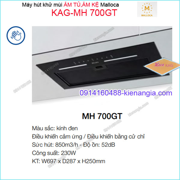 Máy hút khử mùi ÂM TỦ KỆ 700mm CẢM ỨNG ĐEN Malloca KAG-MH700GT