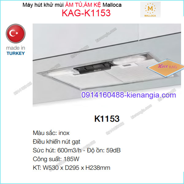 Máy hút khử mùi ÂM TỦ KỆ 530mm INOX Malloca KAG-K1153