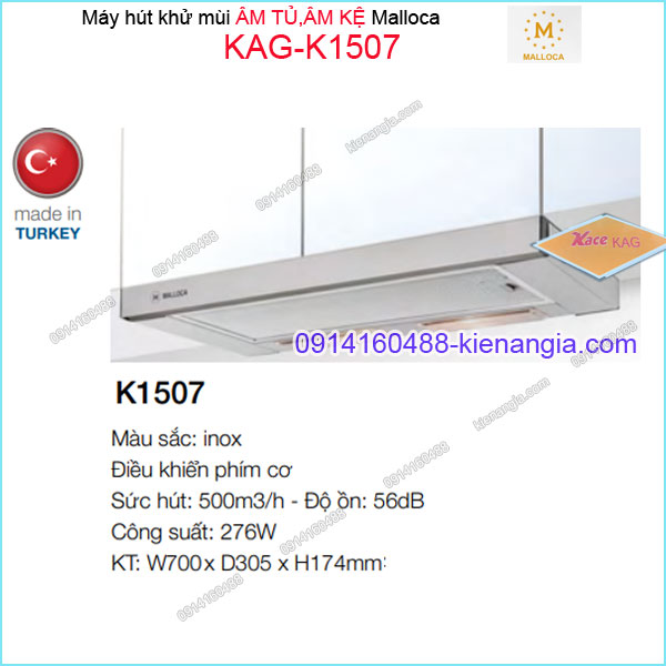 Máy hút khử mùi ÂM TỦ KỆ 700mm INOX Malloca KAG-K1507