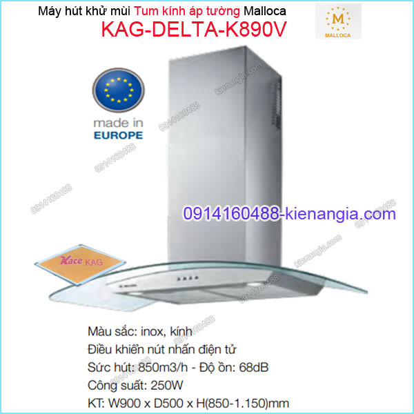 Máy hút khử mùi LUXURY  tum kính 900mm Malloca KAG-DELTAK890V