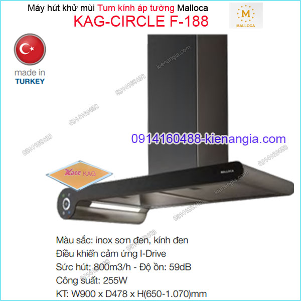 Máy hút khử mùi tum kính LUXURY  900mm ĐEN Malloca KAG-CIRCLE-F188