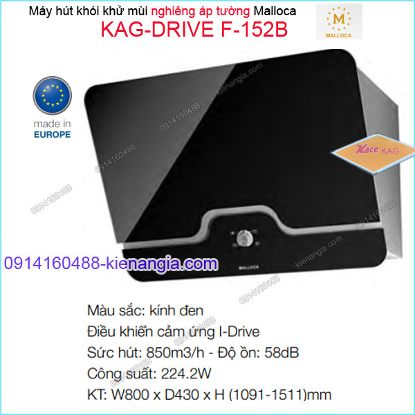Máy hút khói khử mùi nghiêng ĐEN Malloca 800mm KAG-DRIVE-F152B