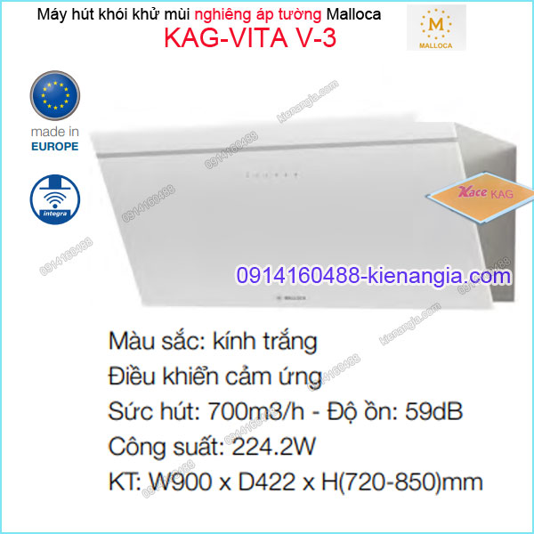 Máy hút khói khử mùi TRẮNG nghiêng Malloca 900mm KAG-VITA-V3