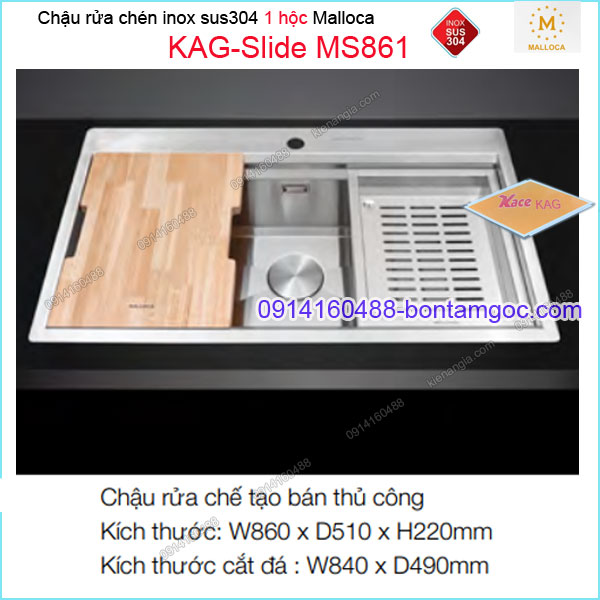 Chậu rửa chén inox 304 1 hộc 860x510mm đa năng Malloca KAG-SlideMS861