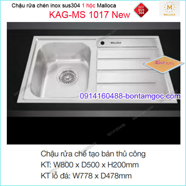Chậu rửa chén inox 304 1 hộc 1 cánh 800x500mm Malloca KAG-MS1017New