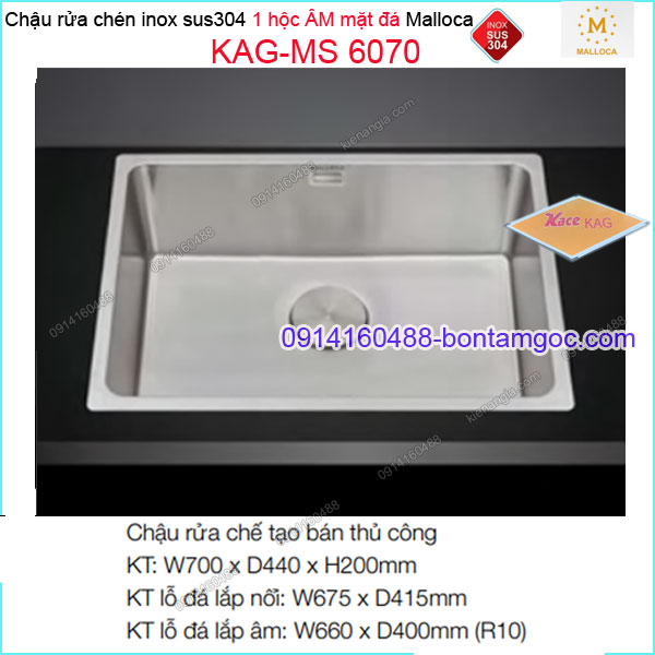 Chậu vuông 1hộc INOX 304 âm mặt đá 700X440mm Malloca KAG-MS6070