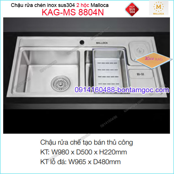 Chậu rửa chén 2 hộc đa năng 980x500mm Malloca KAG-MS-8804N