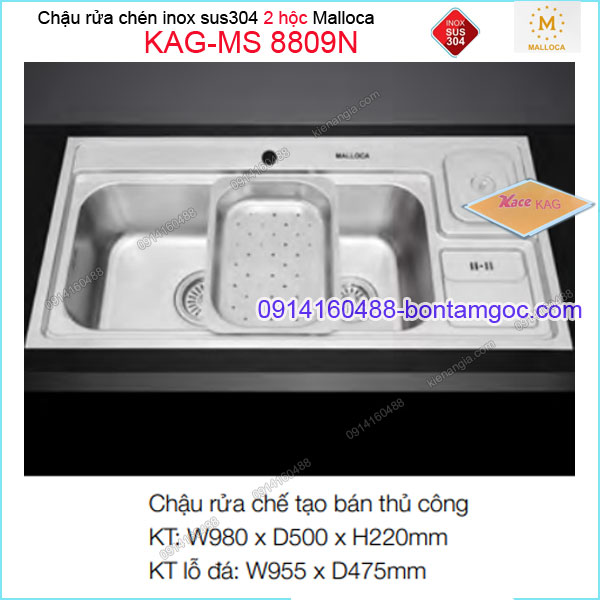Chậu rửa chén 2 hộc inox 304 980x500mm đa năng Malloca KAG-MS8809N