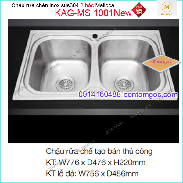 Chậu rửa chén 2 hộc inox 304 776x446mm Malloca KAG-MS1001New