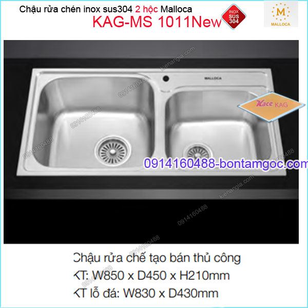 Chậu rửa chén 2 hộc inox 304 850x450mm Malloca KAG-MS1011New