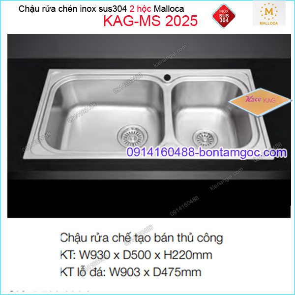 Chậu rửa chén 2 hộc inox 304 930x500mm Malloca KAG-MS2025