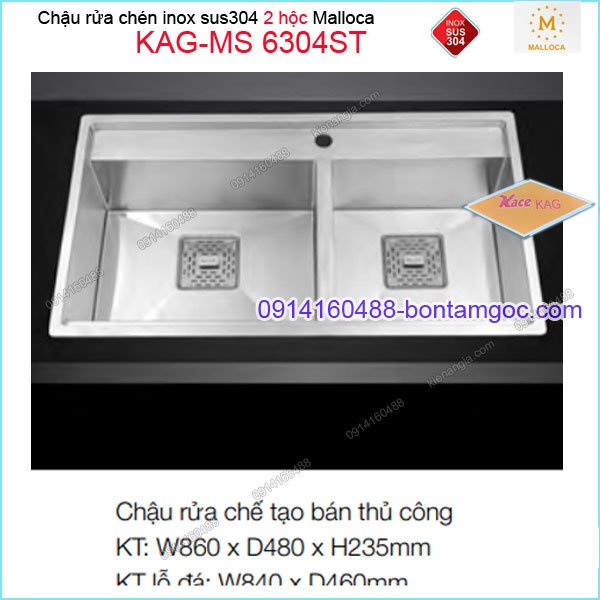 Chậu rửa chén 2 hộc inox 304 860x480mm Malloca KAG-MS-6304ST
