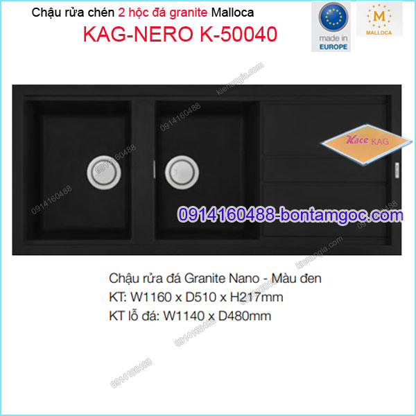 Chậu rửa chén 2 hộc đá Granite nano ĐEN 116x51 cm Malloca KAG-NEROK50040