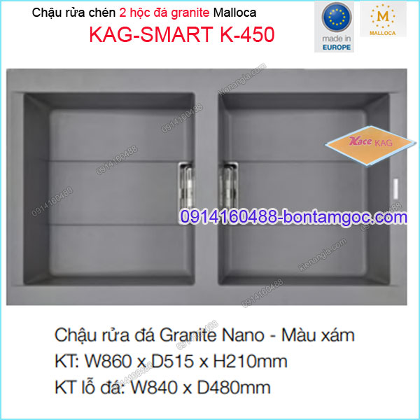Chậu rửa chén 2 hộc đá Granite nano XÁM 86x51.5 cm Malloca KAG-SMART-K450