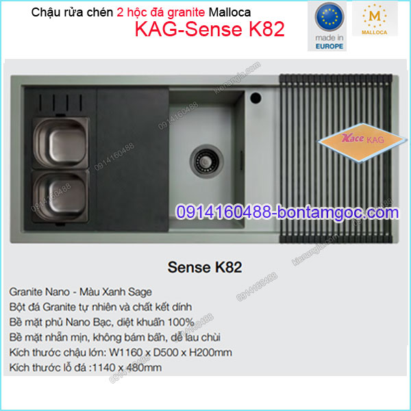 Chậu rửa chén 2 hộc đá Granite nano Xanh Sage 116x50 cm Malloca KAG-SenseK82