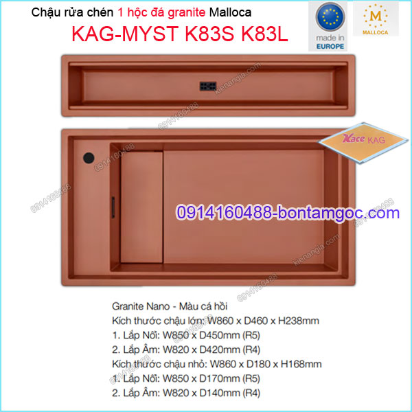 Chậu âm mặt đá bằng đá granite màu cá hồi 1 hộc Malloca KAG-MYST-K83S-K83L