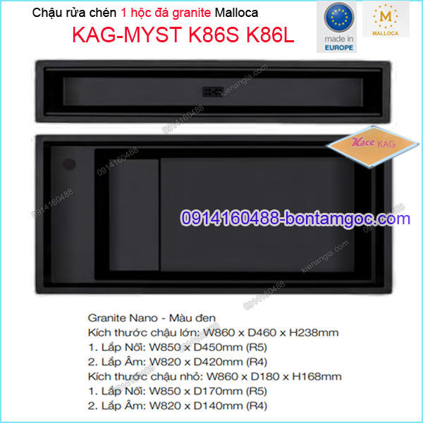 Chậu âm mặt đá bằng đá granite màu ĐEN 1 hộc Malloca KAG-MYST-K86S-K86L