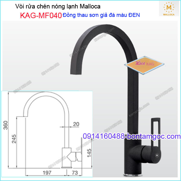 Vòi rửa chén nóng lạnh đồng thau sơn giả đá ĐEN Malloca KAG-MF040