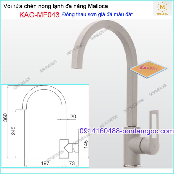 Vòi rửa chén nóng lạnh đồng thau sơn giả đá màu đất Malloca KAG-MF043