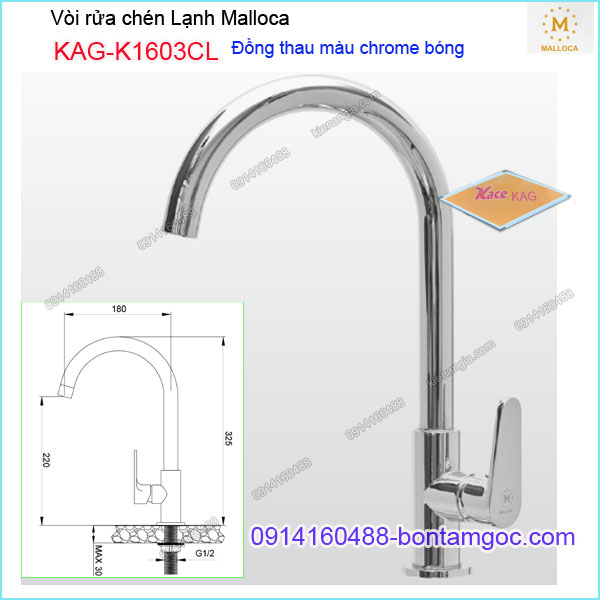 Vòi rửa chén Lạnh Malloca đồng thau chrome KAG-K1603CL