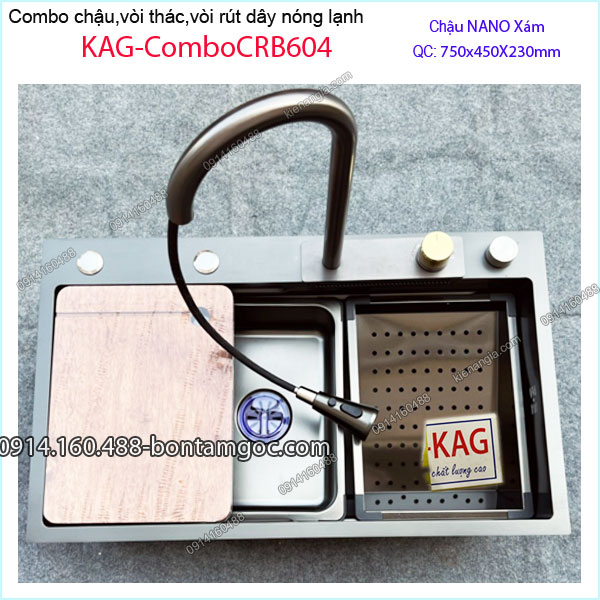 Combo chậu rửa chén,vòi thác ,rút dây 75X45cm Nano Xám KAG-ComboCRB604