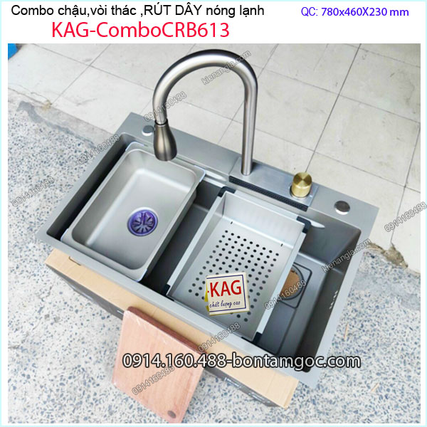 Combo chậu rửa chén,vòi thác ,rút dây 80X46cm nano Xám KAG-ComboCRB613