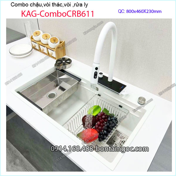 Combo chậu rửa chén,vòi thác ,rút dây,rửa ly 80X46cm trắng KAG-ComboCRB611