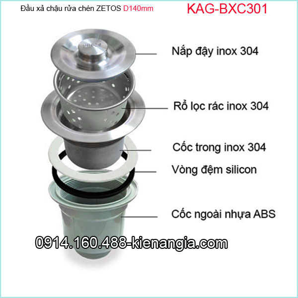 Đầu xả chậu ZETOS D140 nhựa đúc KAG-BXC301