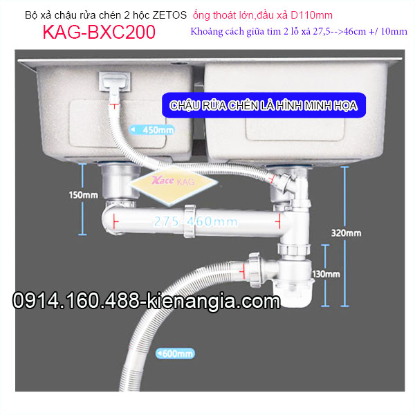 Bộ xả chậu 2 hộc ZETOS đầu nhựa đúc D110 có bầu lắng KAG-BXC200