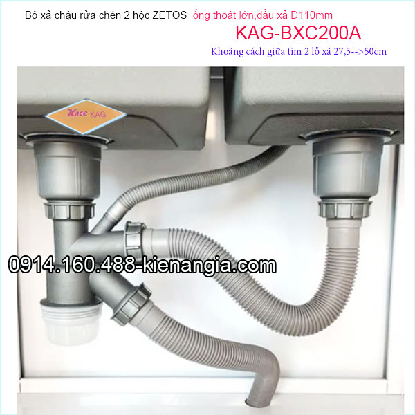 Bộ xả chậu rửa chén 2 hộc ZETOS D110 ống thoát lớn KAG-BXC200A
