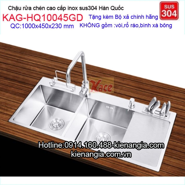 Chậu cao cấp inox 304 đúc dài 1000x450mm 2 hố 1 bàn giắt dao,thớt KAG-HQ10045GD
