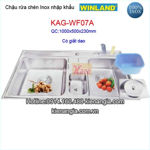 Chậu inox nhập khẩu 2 hộc có hộc rác 100X50 cm Winland KAG-WF07A