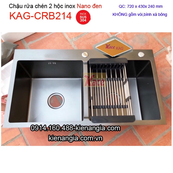 Chậu Nano đen 2 hộc đều 72x43 cm inox 304 KAG-CRB214