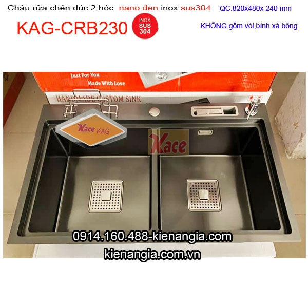 Chậu Nano đen 2 hộc đều 82x48 cm giắt dao thớt KAG-CRB230-