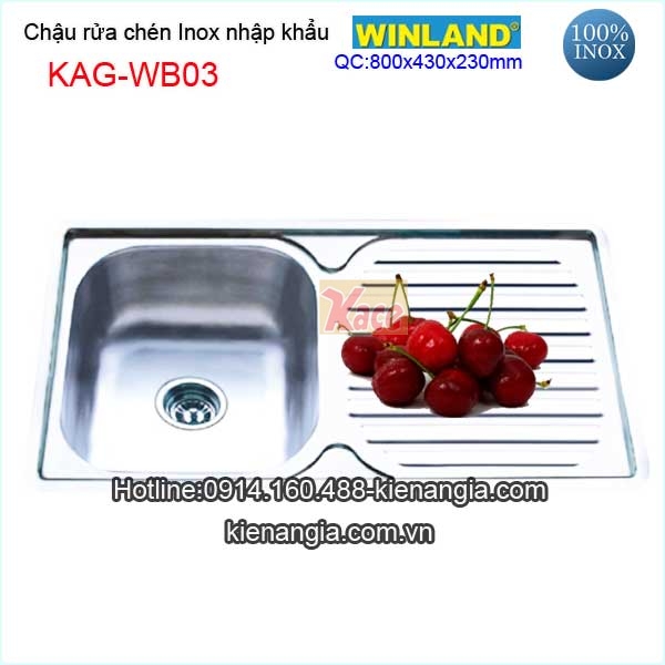 Chậu rửa chén 1 hộc 1 cánh 80x43 cm inox Winland KAG-WB03