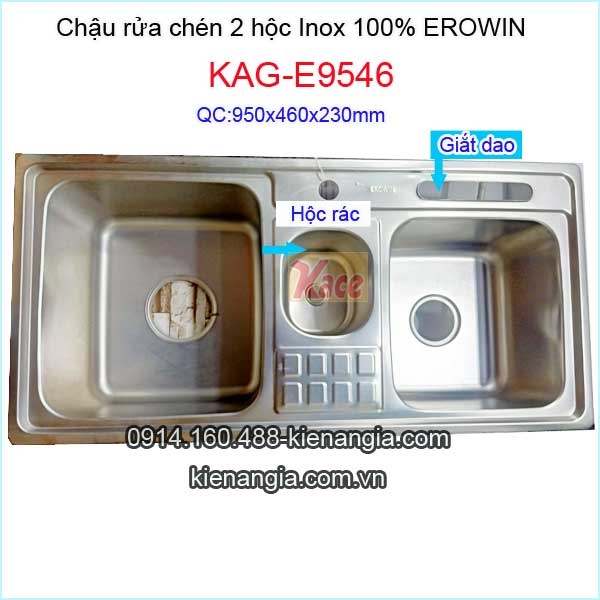 Chậu rửa chén 2 hộc ,hộc rác giữa 95X46 cm Erowin (bm) KAG-E9546