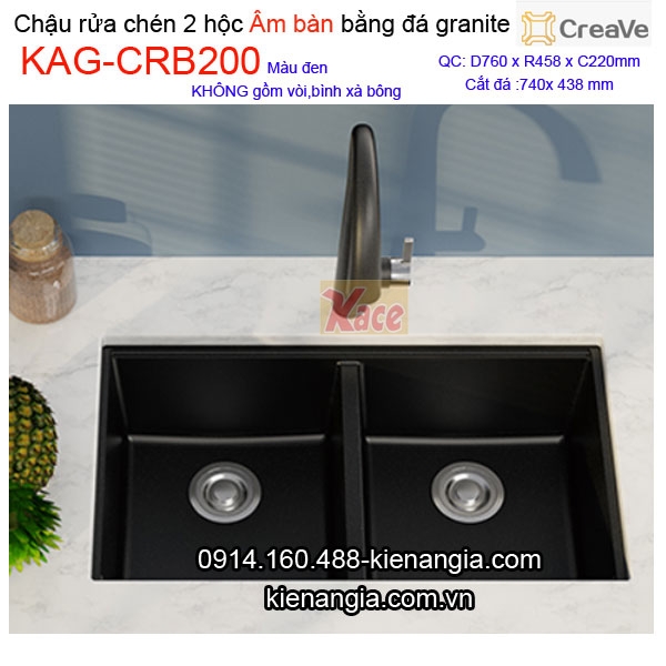 Chậu rửa chén âm bàn đá granite 2 hộc 76x45 cm Creave CRBA KAG-CRB200