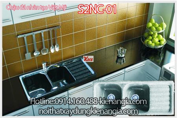 Chậu rửa chén bằng đá 2 hộc 1 bàn 107x45 x18.5cm Việt Mỹ S2NC-01
