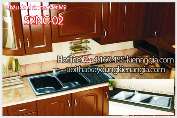 Chậu rửa chén bằng đá hiện đại 2 hộc 1 bàn 449x48 x20.5cm Việt Mỹ S2NC-02
