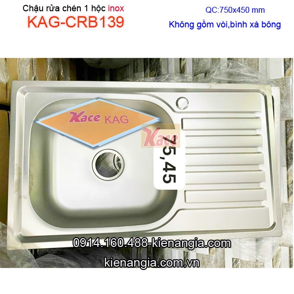 Chậu rửa chén inox 1 hộc 1 cánh 75x45cm KAG-CRB139