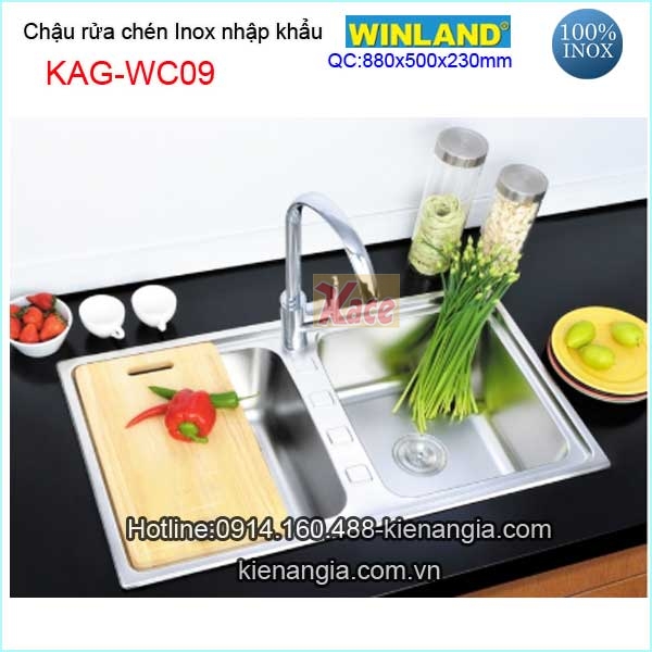 Chậu rửa chén inox 2 hộc 88x50 cm Winland KAG-WC09