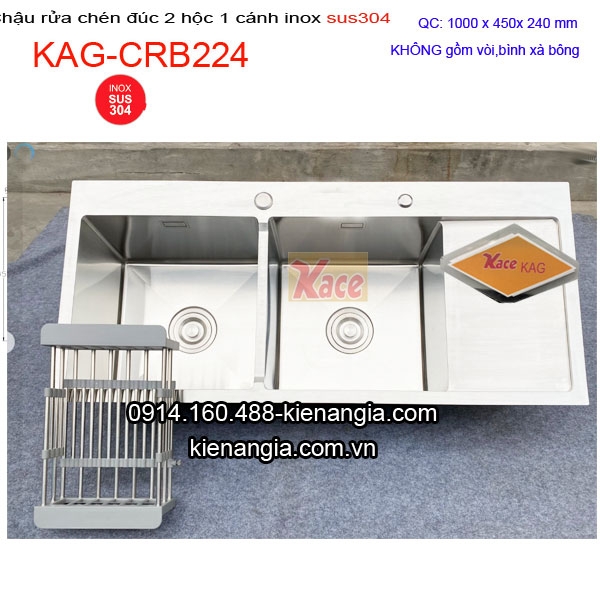 Chậu rửa chén inox sus304 đúc 2 hộc 1 cánh 100x45 cm KAG-CRB224
