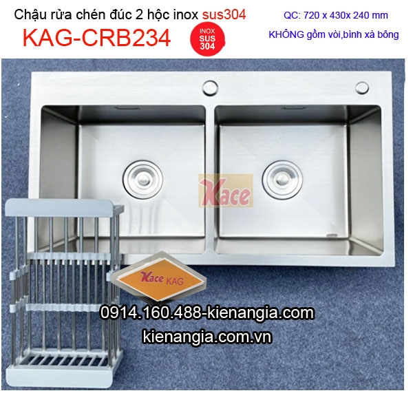 Chậu rửa chén inox sus304 đúc 2 hộc đều 72x43 cm KAG-CRB234